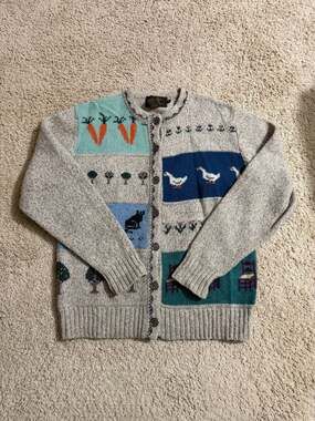 Vintage Eddie Bauer Farm Animal Folk Art Wool Blend Cardigan Sweater Medium